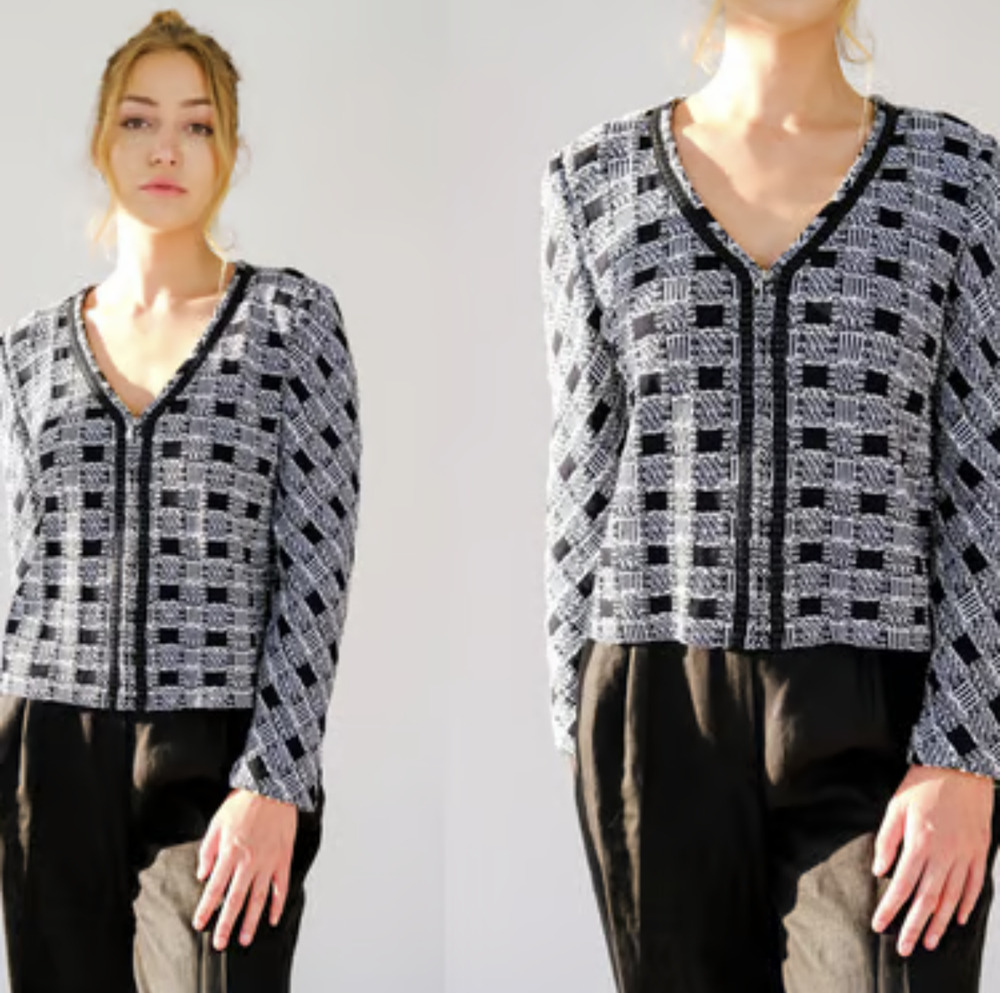 St. John Collection Sweater Womens 2 Black White Check Knit Full Zip Jacket